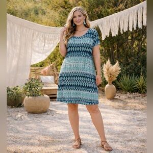 Boho Aztec Print Knit Dress Large | Teal Black Stretch Casual Summer Tunic